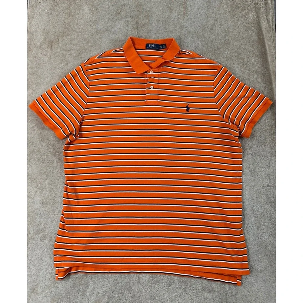 Polo Ralph Lauren Custom Fit Polo Shirt Mens Size 2XL Orange White Striped EUC