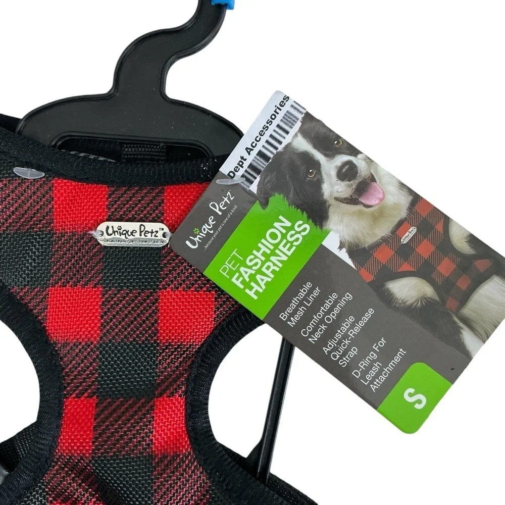 Unique Petz Dog Small Harness Adjustable Comfy Tartan Plaid Red Black SZ S