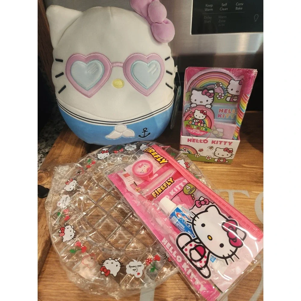 NEW Hello Kitty 4 Piece Gift Set Plate, Stationary,Toothbrush Set & Squishmallow