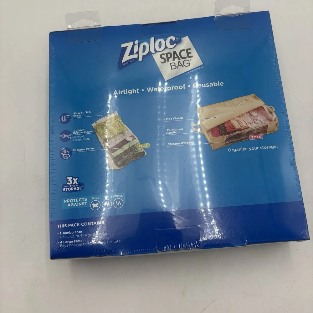 Ziploc Space Bag Clothing 1 Jumbo Tote 4 Large Flat Storage Bags Reusable New