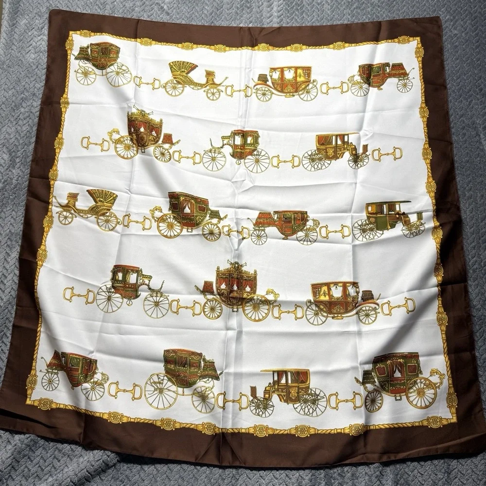 VTG Italian Carriage Print Silk-Style Scarf‎ Stage Coach Brown Gold Equestrian