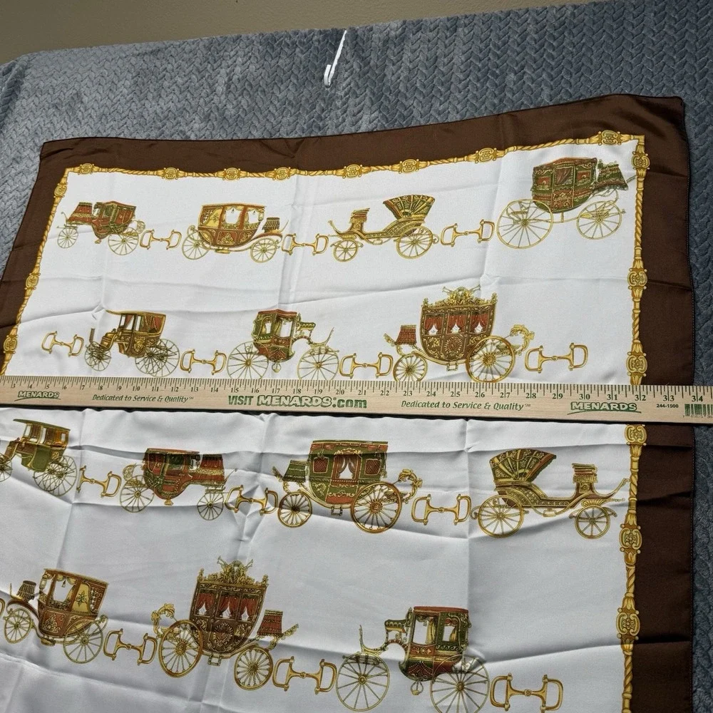 VTG Italian Carriage Print Silk-Style Scarf‎ Stage Coach Brown Gold Equestrian