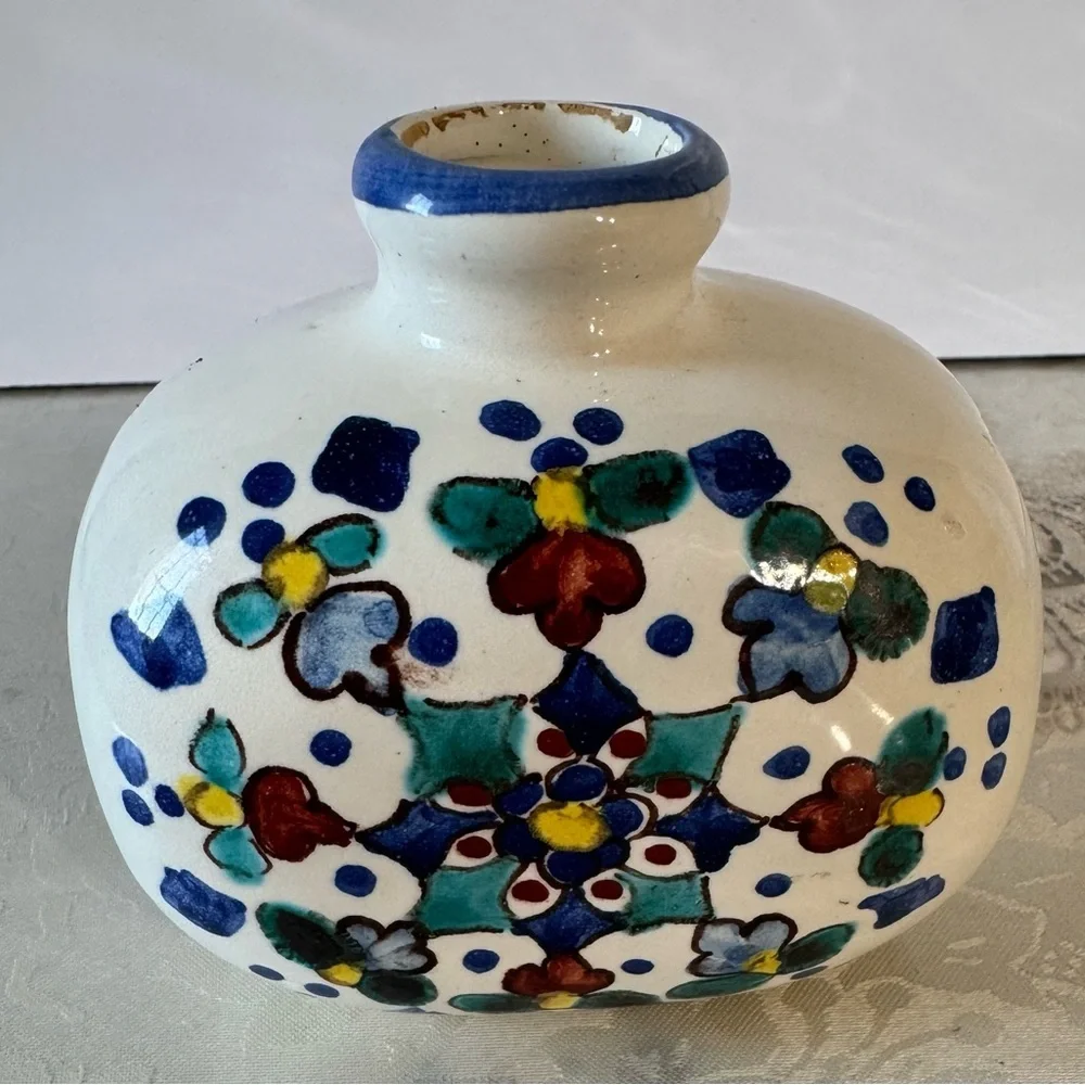 Vintage Hand Painted Flowers Pottery small colorful, ceramic Vase Made In Italy