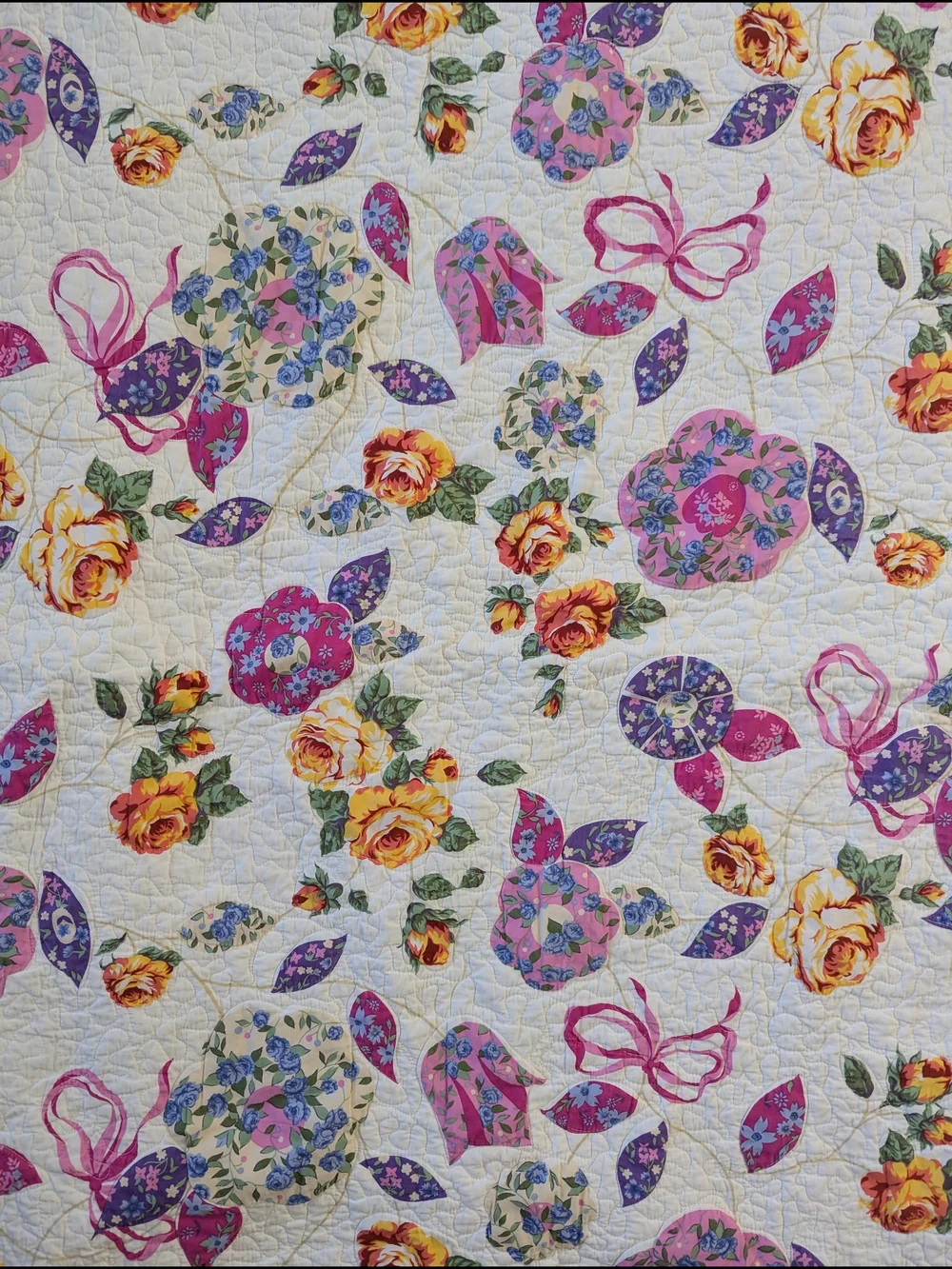 Twin Floral Quilted Bedspread in White with Pink, Purple & Yellow Flowers