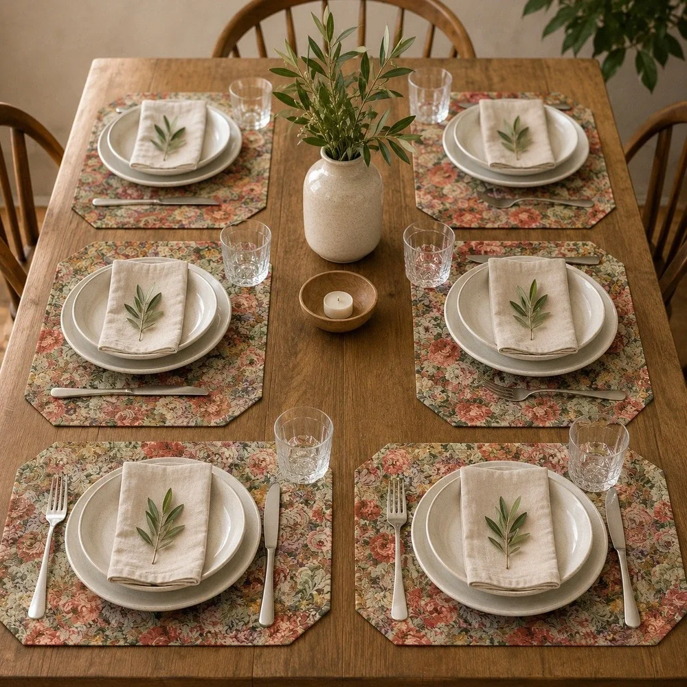 Vintage Floral Tapestry Placemats Set of 6 Reversible Damask Rose Green Cream