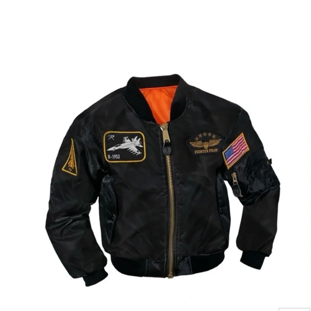 Black Bomber Jacket with Patches Kids Medium