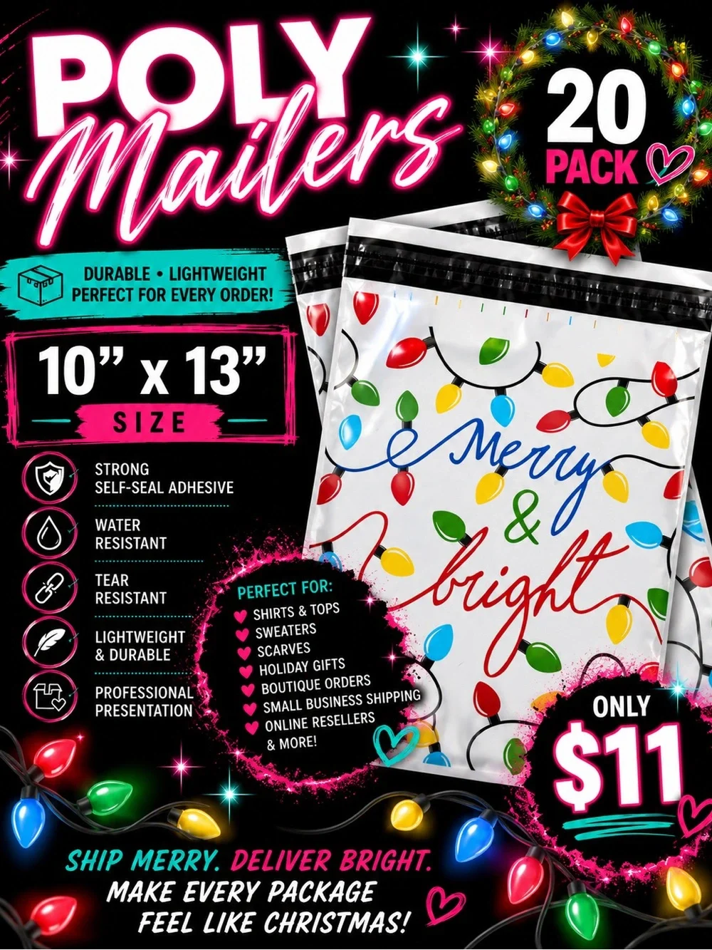 ★ Merry & Bright Christmas Poly Mailers 10x13 20 Pack Holiday Shipping