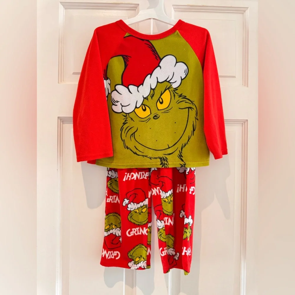Kids The Grinch Santa Hat 2-Piece Fleece Pajama Set – Size 5T