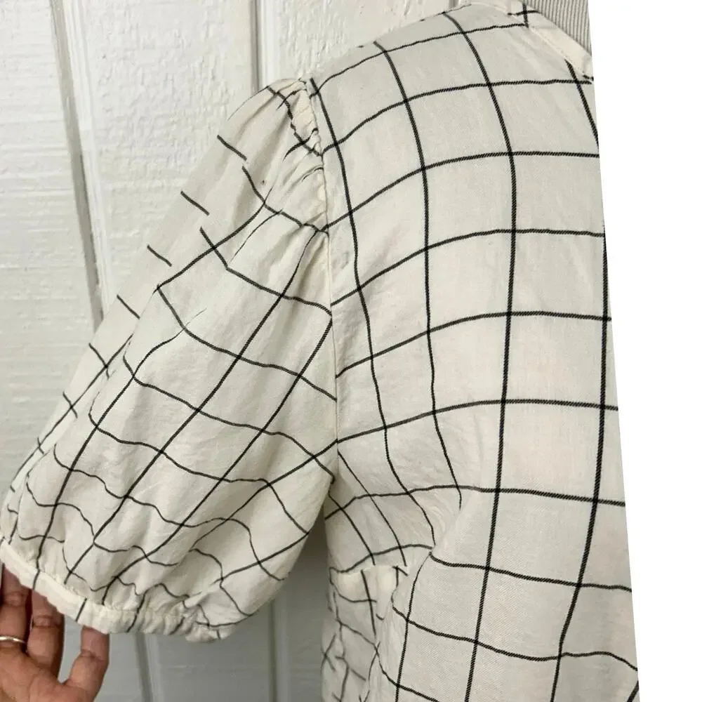 Old Navy Windowpane Grid Blouse Ivory Black Puff Sleeve Keyhole Top M