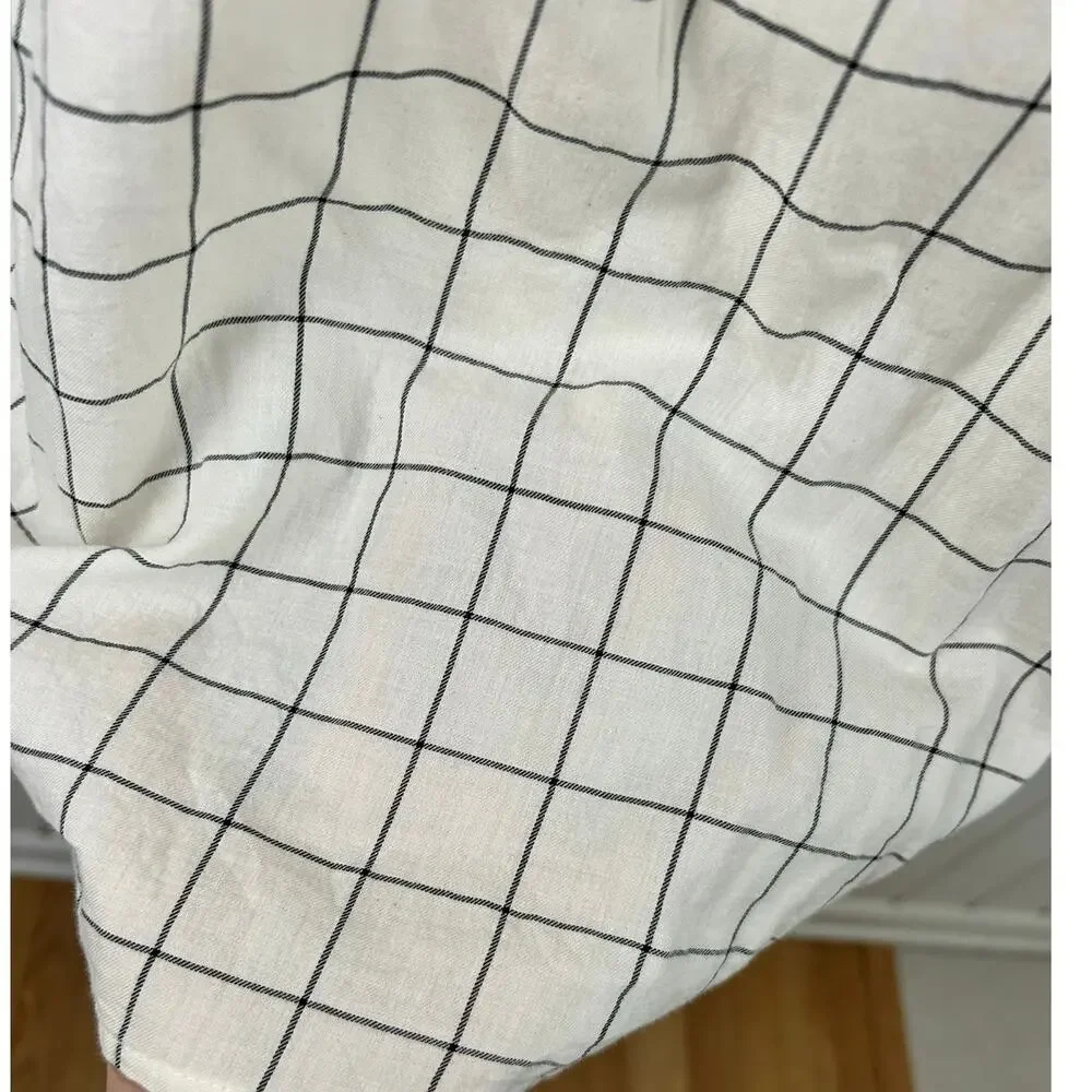 Old Navy Windowpane Grid Blouse Ivory Black Puff Sleeve Keyhole Top M