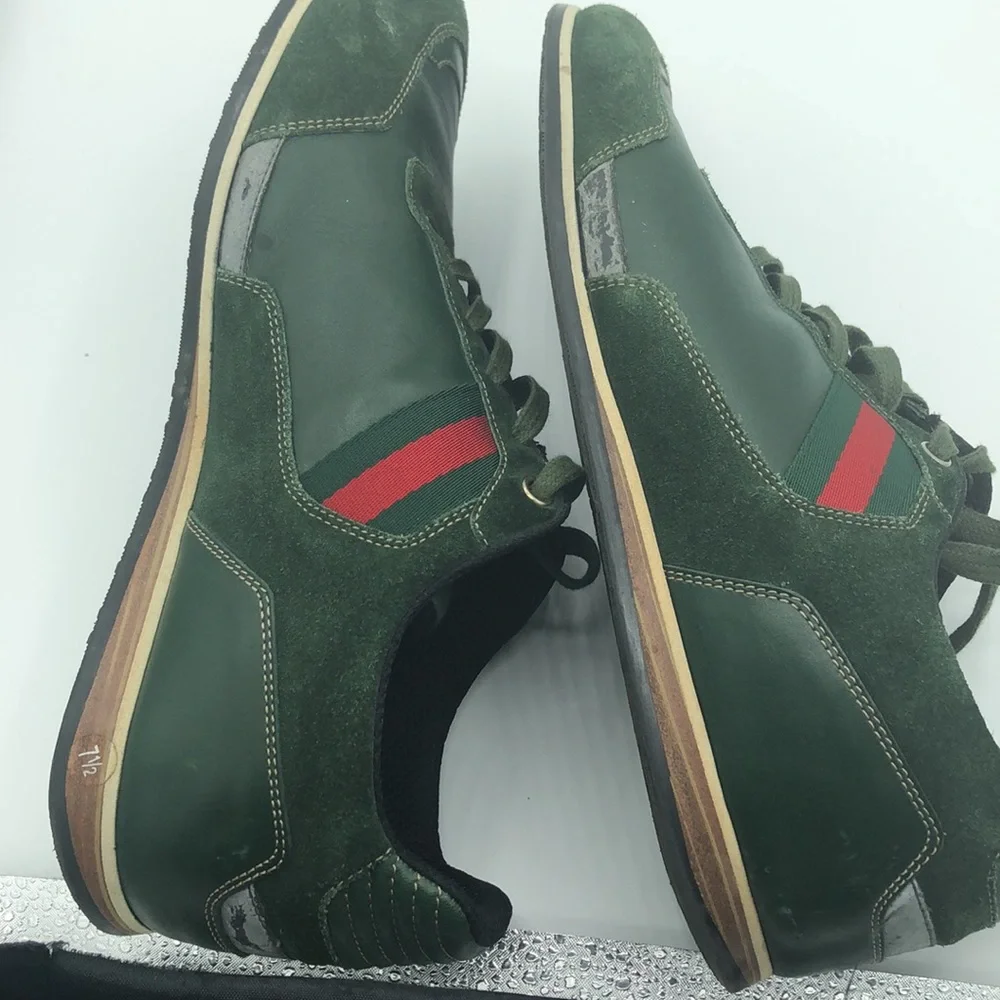 Gucci Green Leather Suede Web Stripe Lace Up Sneakers Mens 7-7.5 Made in Italy