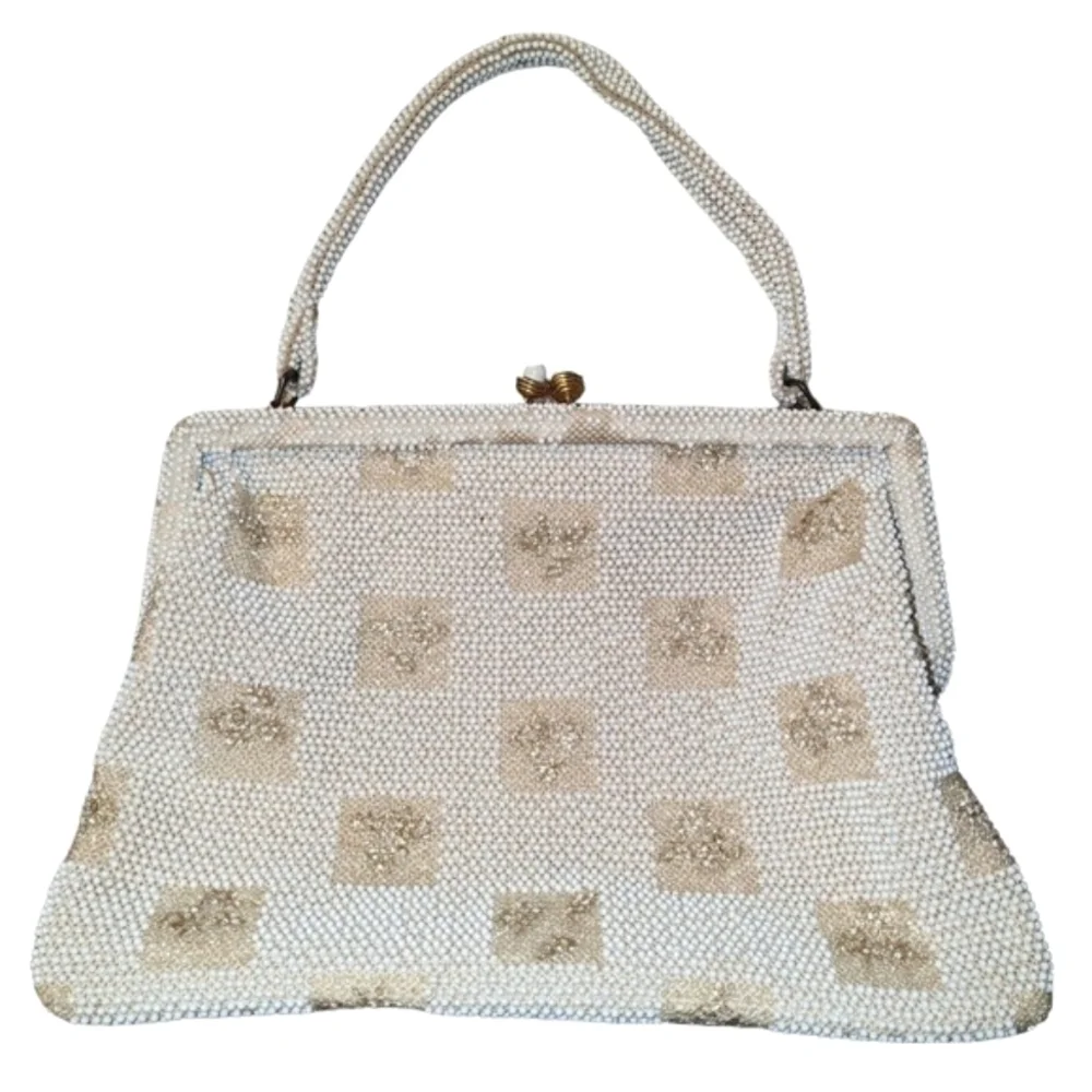Vintage Lumured Beaded Handbag Cream And Gold