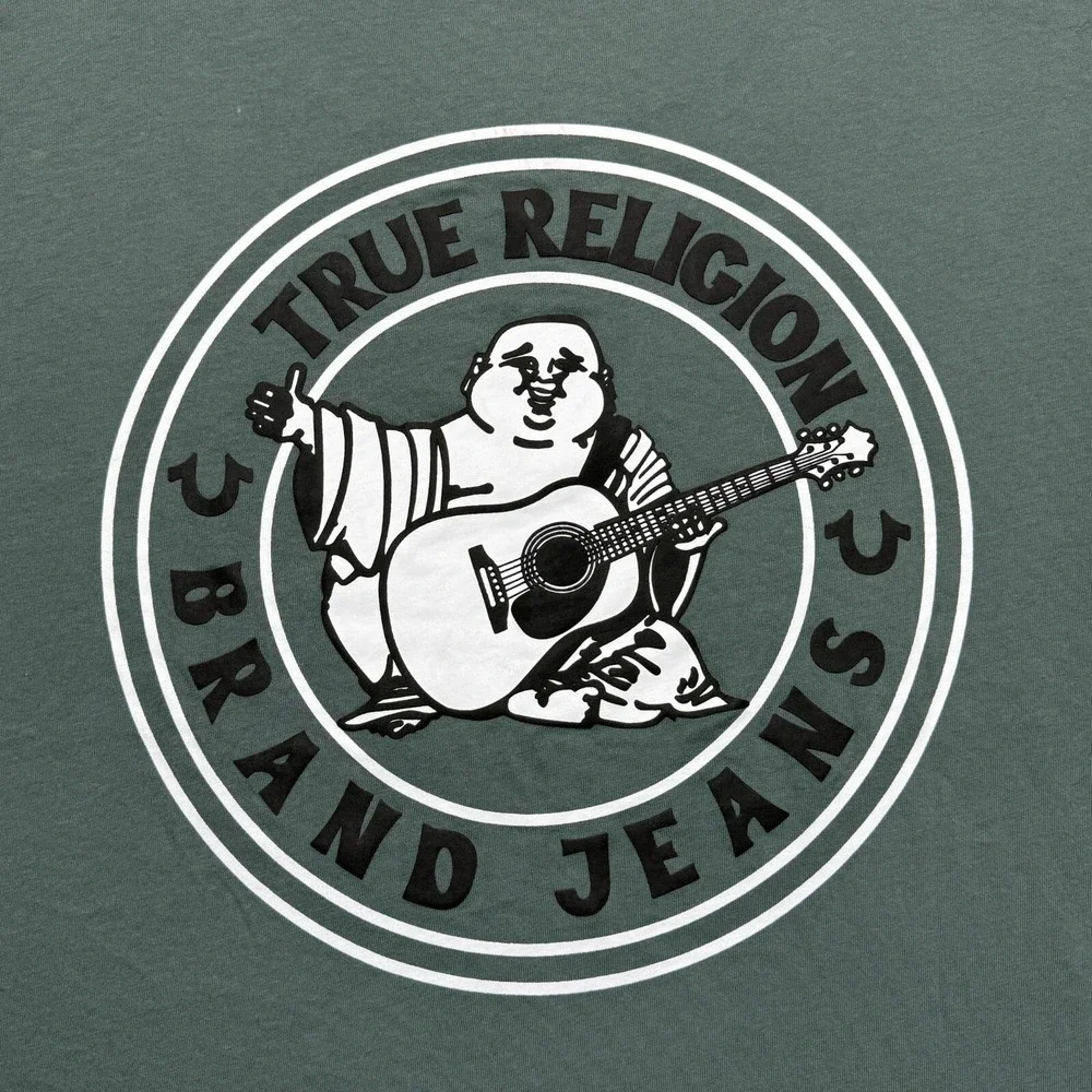 True Religion Shirt Mens Large Green Buddha Logo Seal Short Sleeve Tee *