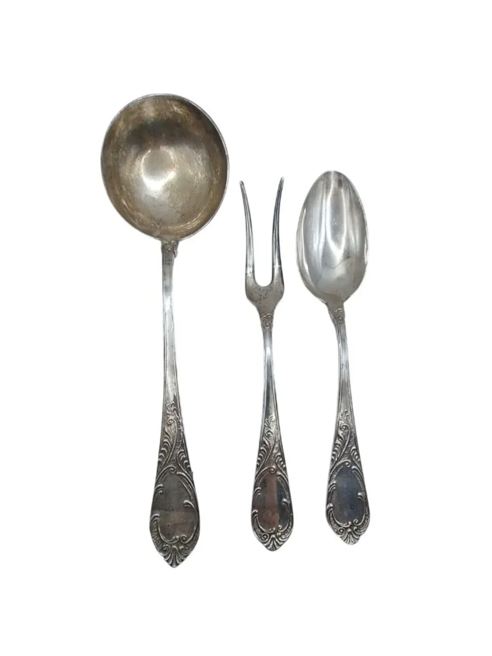Vintage Ornate Scrollwork Silver Plated Serving Set of 3 Ladle Spoon Fork