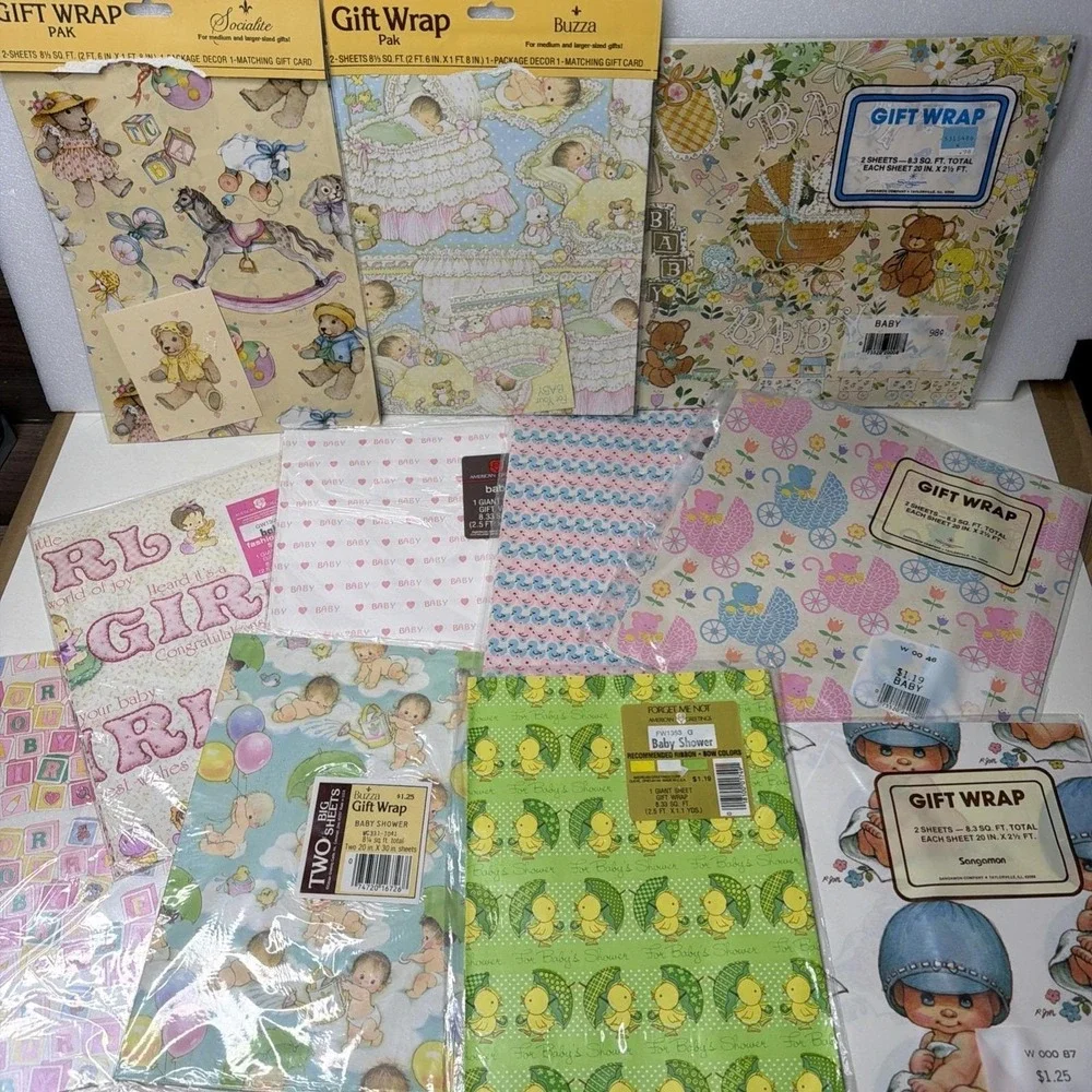 Vintage Baby Wrapping Paper lot incl Hallmark/American Greetings/Sangaman/Buzza+