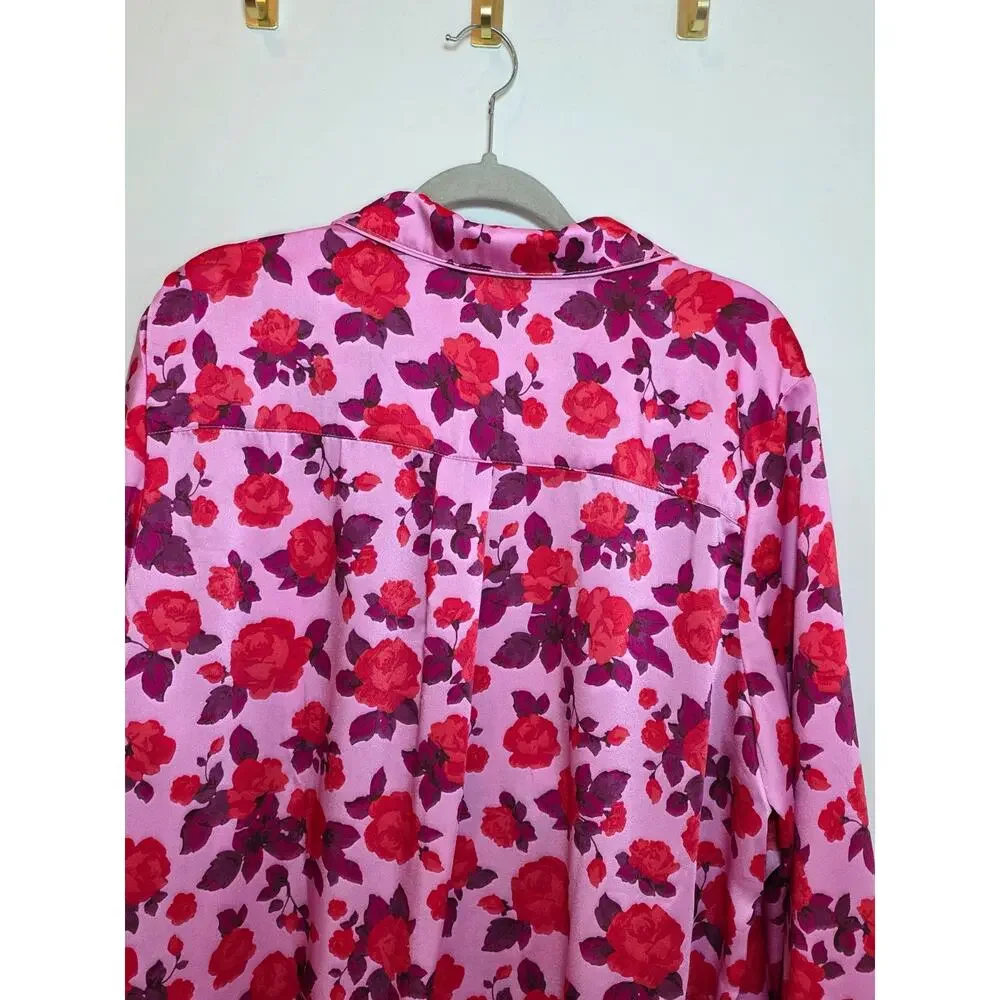 LOFT Pink Floral Silky Pajama Set Size XXL / 2X Satin Notch Colar