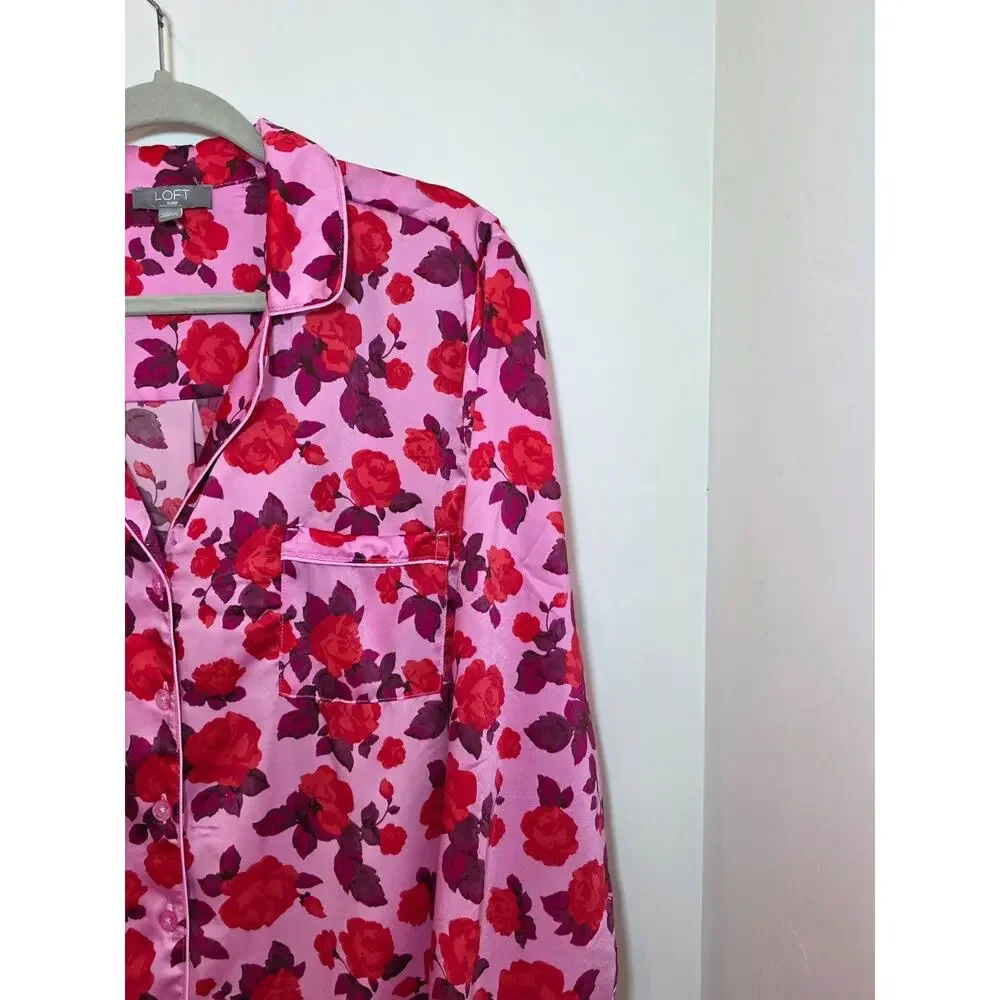 LOFT Pink Floral Silky Pajama Set Size XXL / 2X Satin Notch Colar