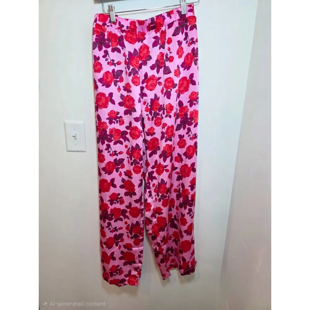 LOFT Pink Floral Silky Pajama Set Size XXL / 2X Satin Notch Colar