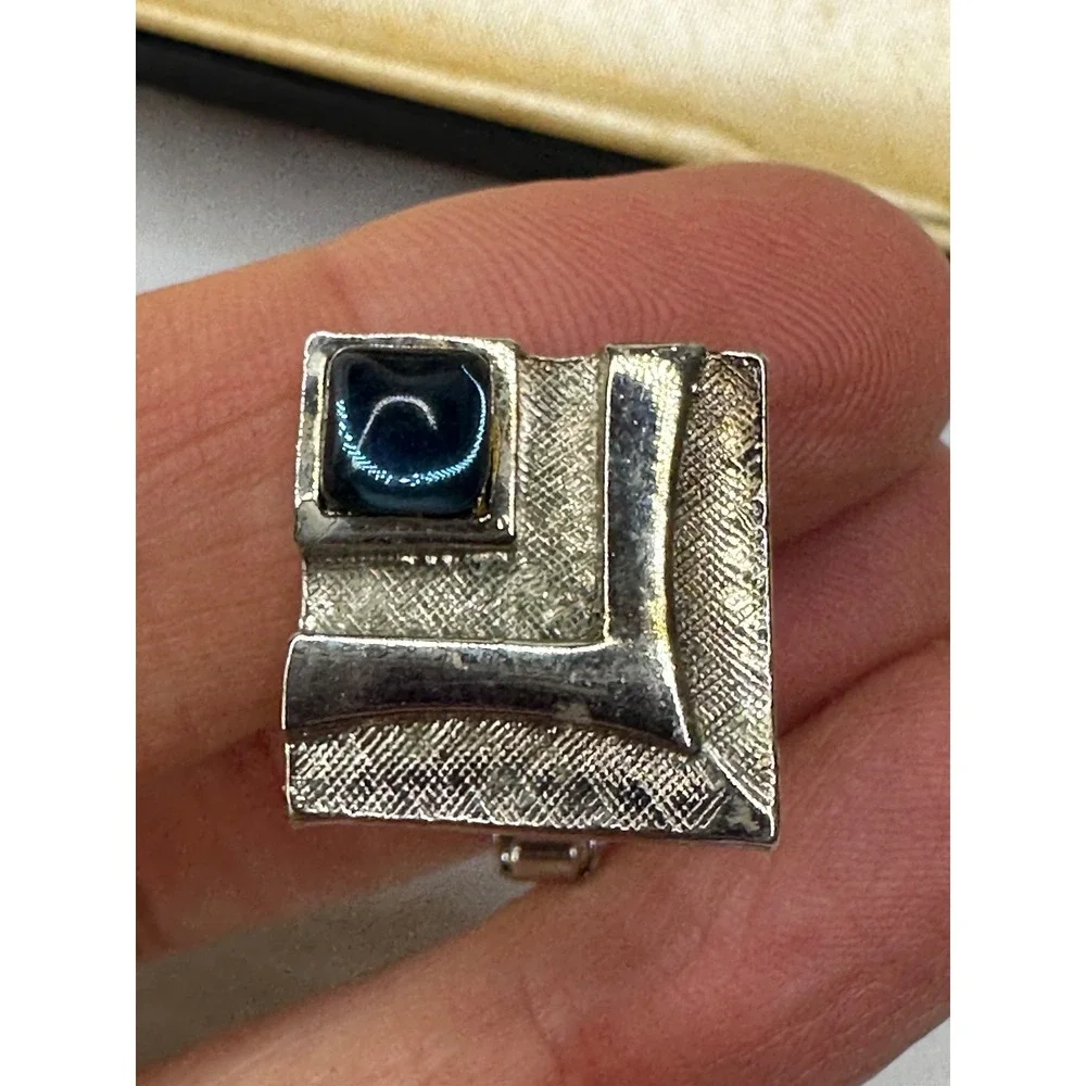 Kasmir cufflinks Tie Tack Set Blue Stone Square Silver Tone Vintage Boxed