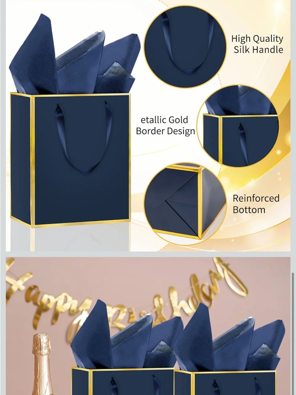 Navy Blue & Gift Bags with Gold Trim - 12 Pack