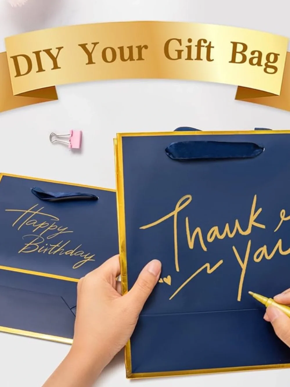 Navy Blue & Gift Bags with Gold Trim - 12 Pack