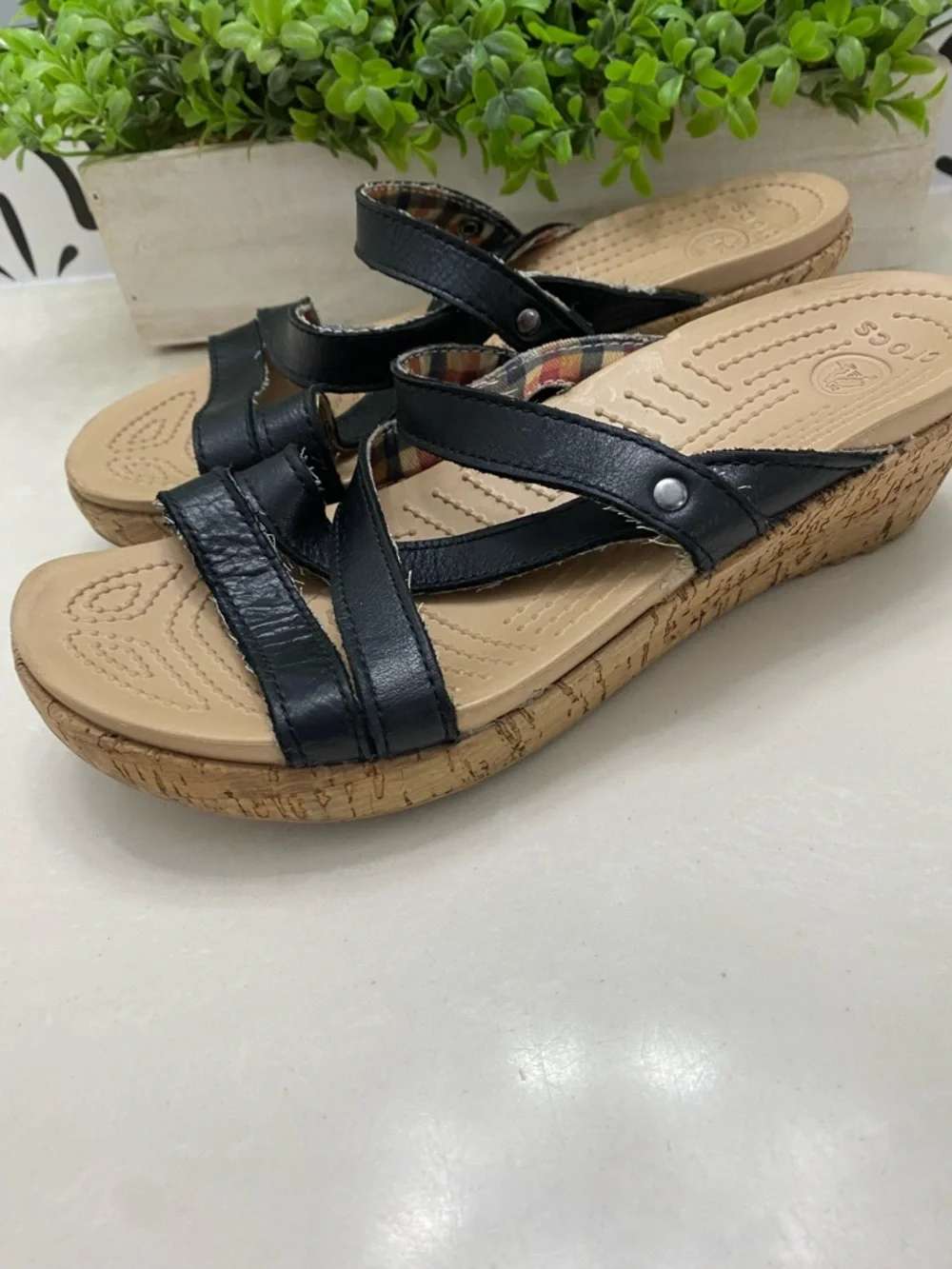 Crocs A-Leigh Black Leather Cork Plaid Lined Wedge Slide Sandals - Women's 7