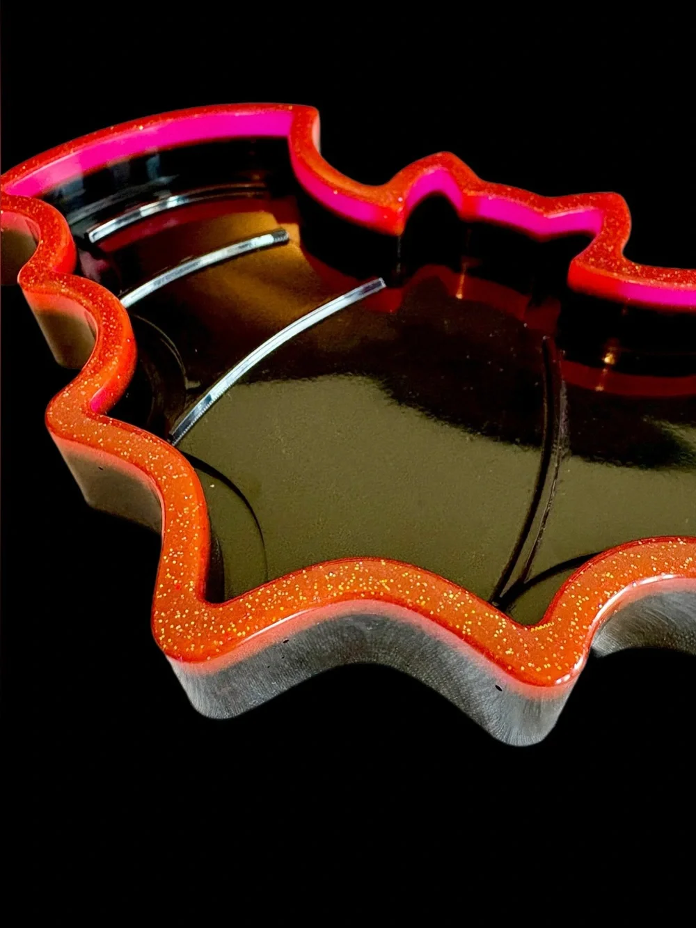 Handmade Resin Glitter Bat Trinket Tray Pink + Black