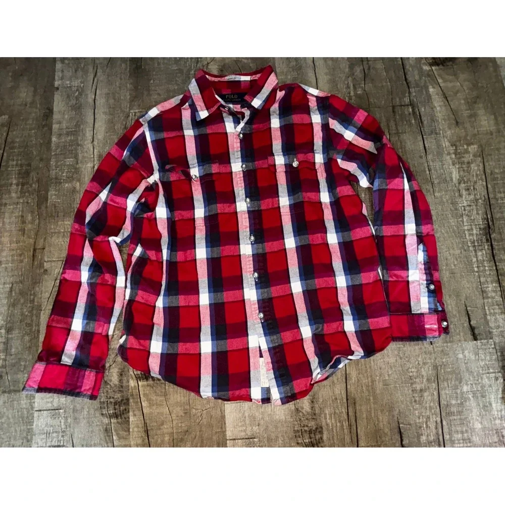 Polo Ralph Lauren Mens Red Blue White Plaid Flannel Button Down Shirt Size Large