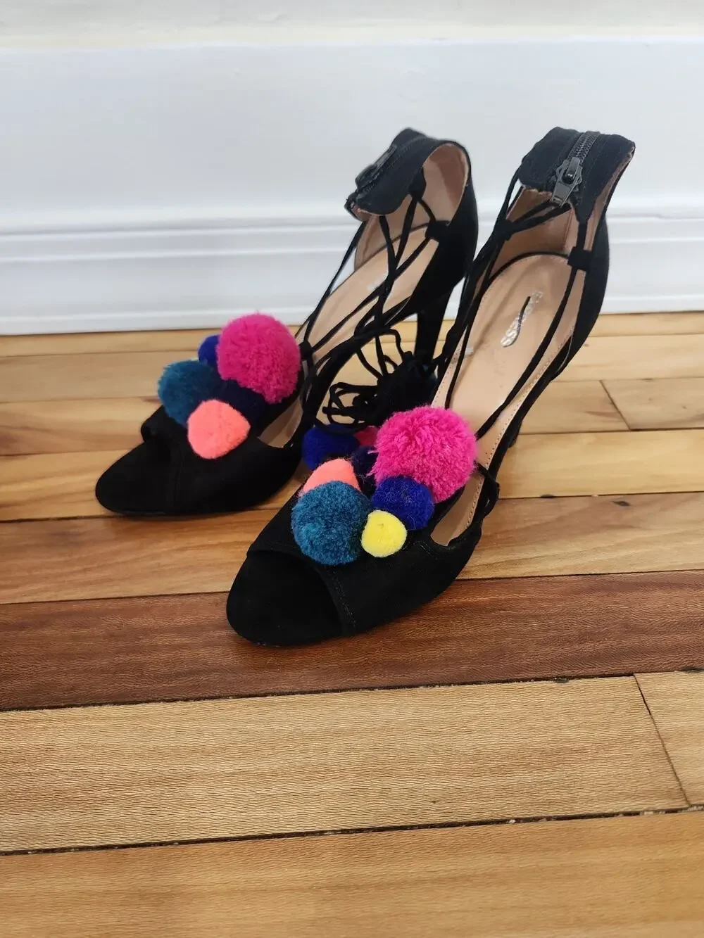 Express Stiletto Heel Strappy Peep Toe Black Colorful Pom Poms Sexy Sandals 10