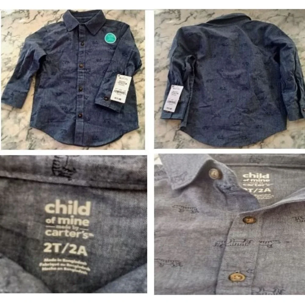 Carters Child of Mine Boy 2T‎ Shirt Button Down NWT Tiger Print Chambray Preppy