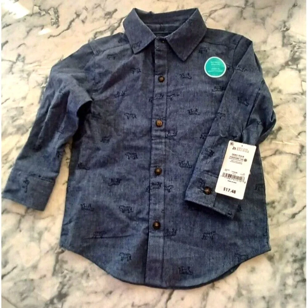 Carters Child of Mine Boy 2T‎ Shirt Button Down NWT Tiger Print Chambray Preppy