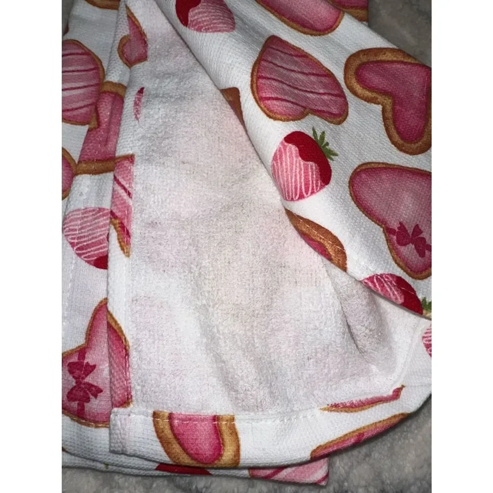 Valentine’s Day White Red Pink Tan Cookies Hearts Berries Cotton Tea Towels