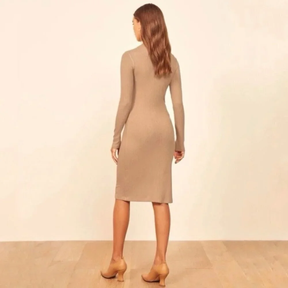Reformation Wednesday Dress Midi Camel Tan Ribbed Long Sleeve Stretch Large