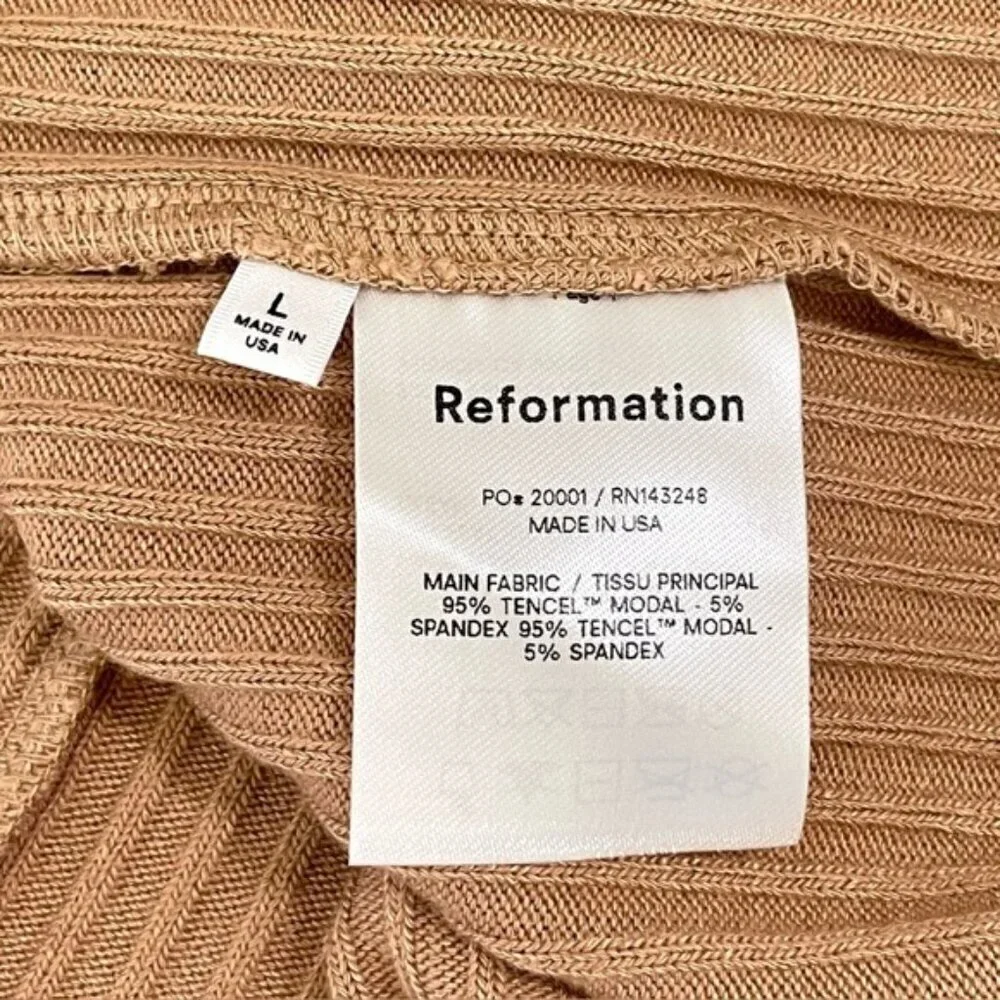 Reformation Wednesday Dress Midi Camel Tan Ribbed Long Sleeve Stretch Large