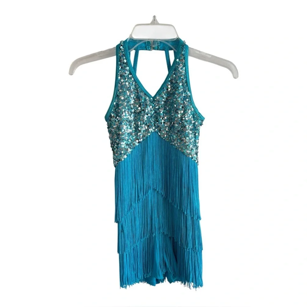 Weissman Showtime Dance Costume 10425 Size SC Blue Fringe Sequins Skating Tap