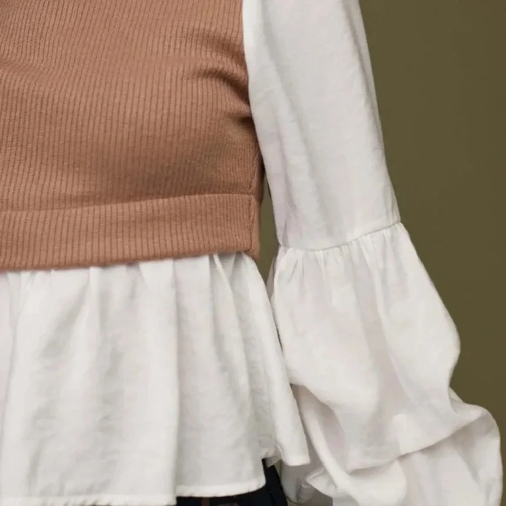 Anthropologie Peplum Sweater Top Size L Brown Ribbed Knit Ruffle Sleeve Blouse