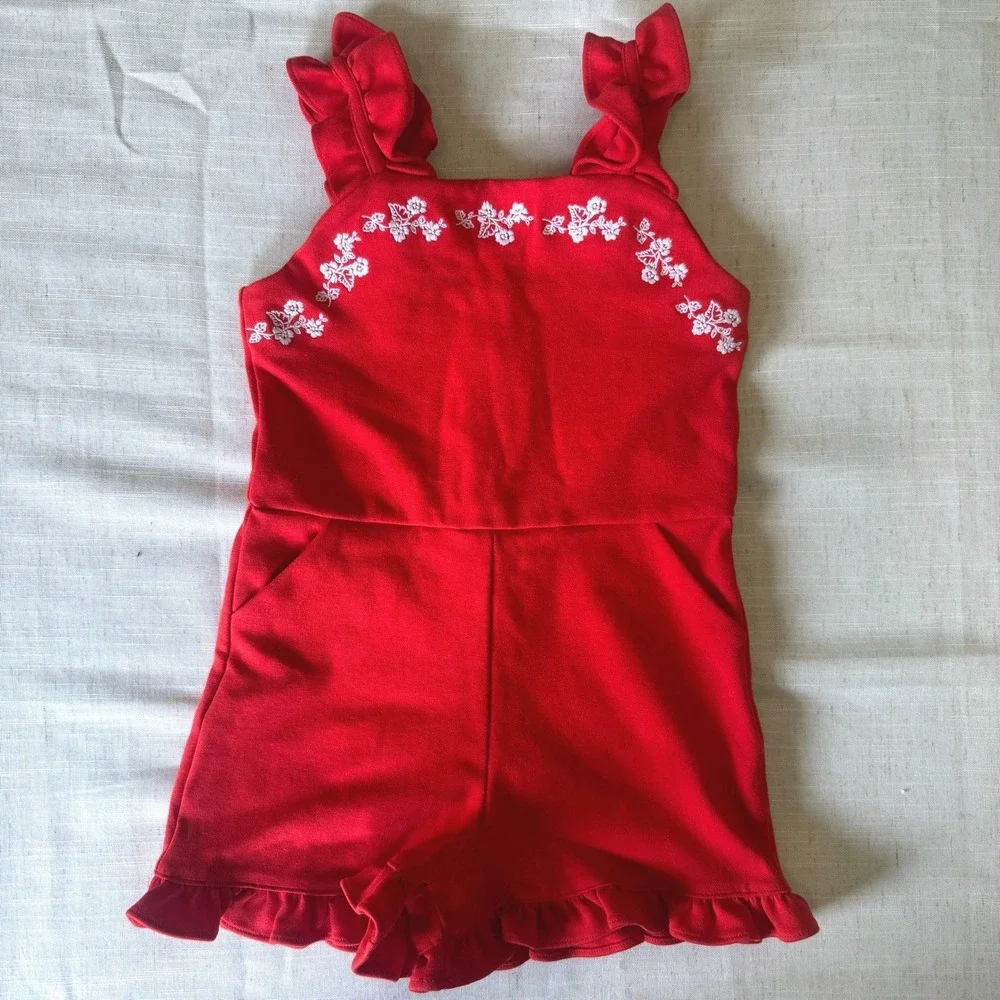 Janie Jack Girls 6 Red Embroidered Romper Ruffle Strap Coquette Fourth of July