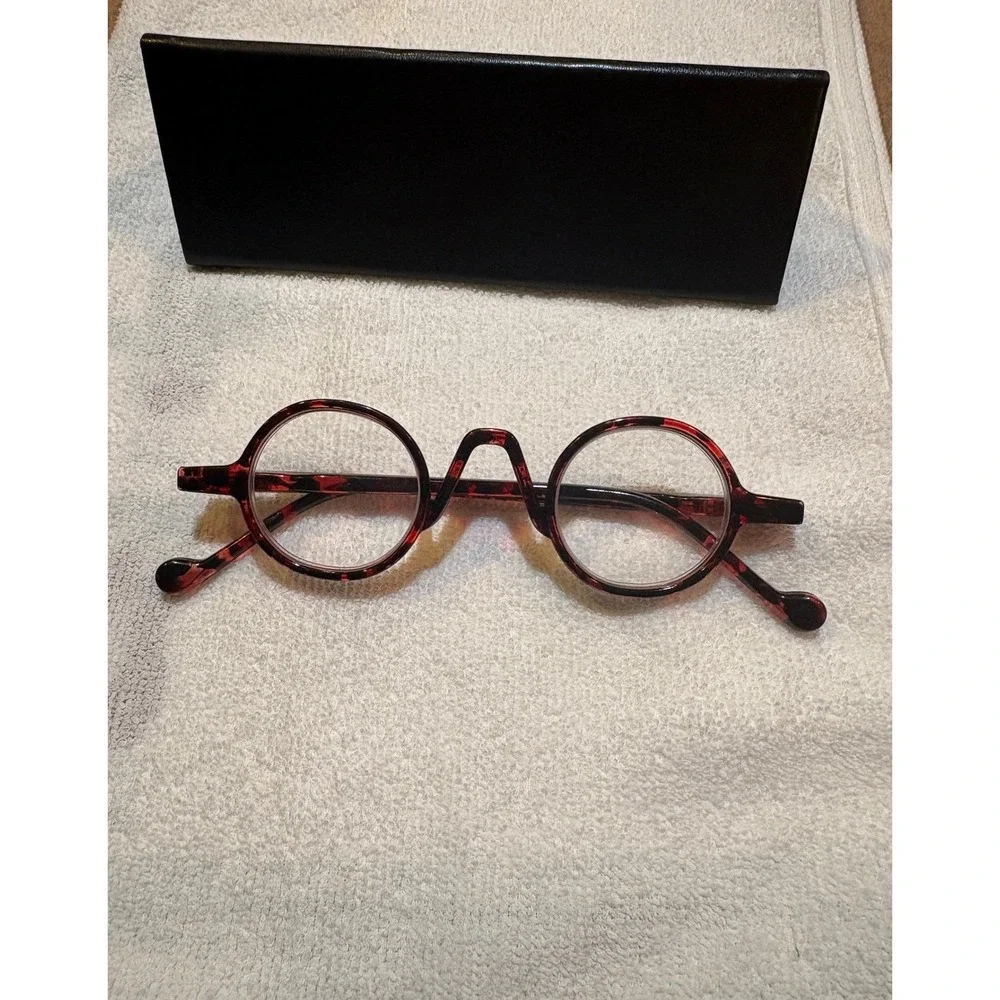 Vintage Style Round Tortoise Shell Glasses Red Black Circular Frames with Case