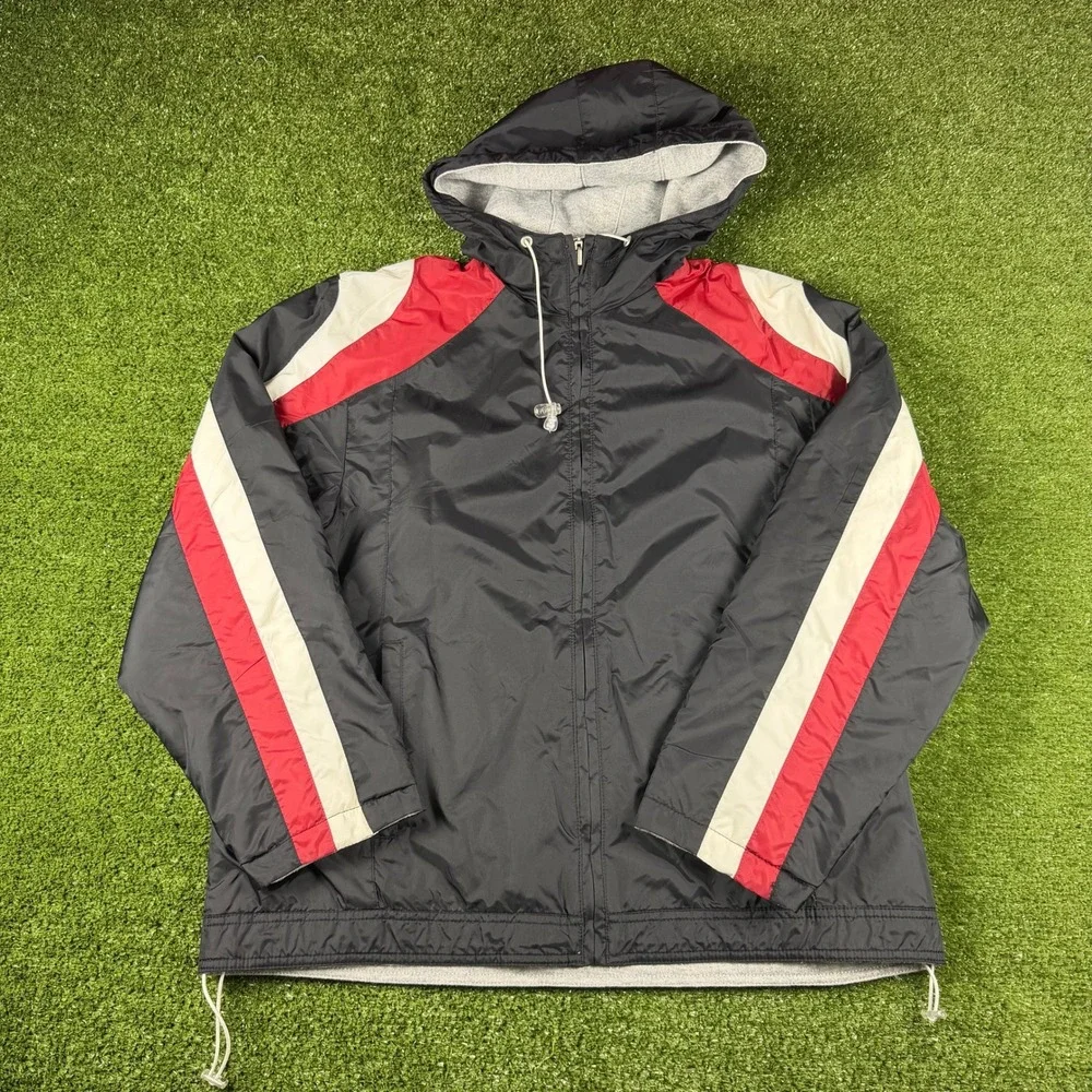 Weather Tamer Mens Hooded Windbreaker Jacket Black Red White Colorblock Size M