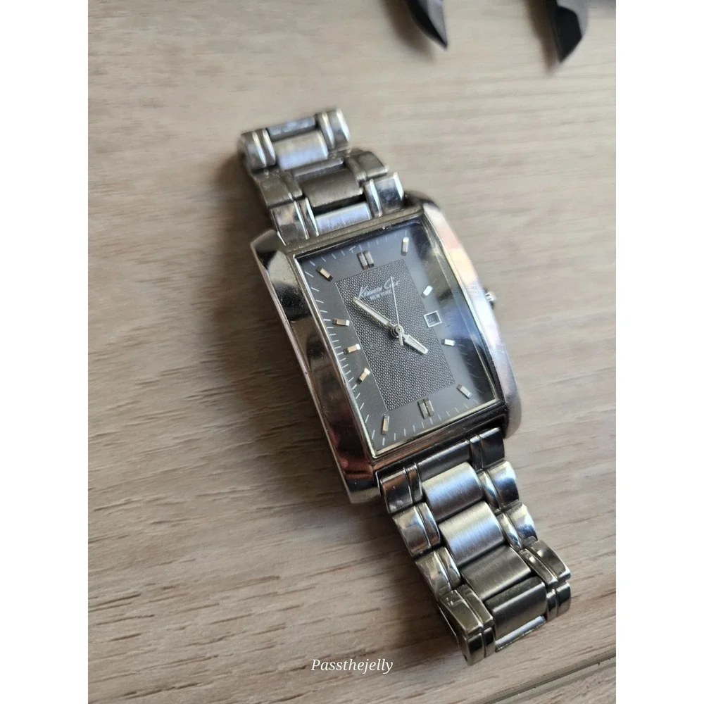 Kenneth Cole Watch Mens Rectangular Tank Date Steel Bracelet Quartz vtg