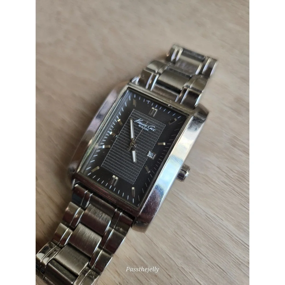 Kenneth Cole Watch Mens Rectangular Tank Date Steel Bracelet Quartz vtg