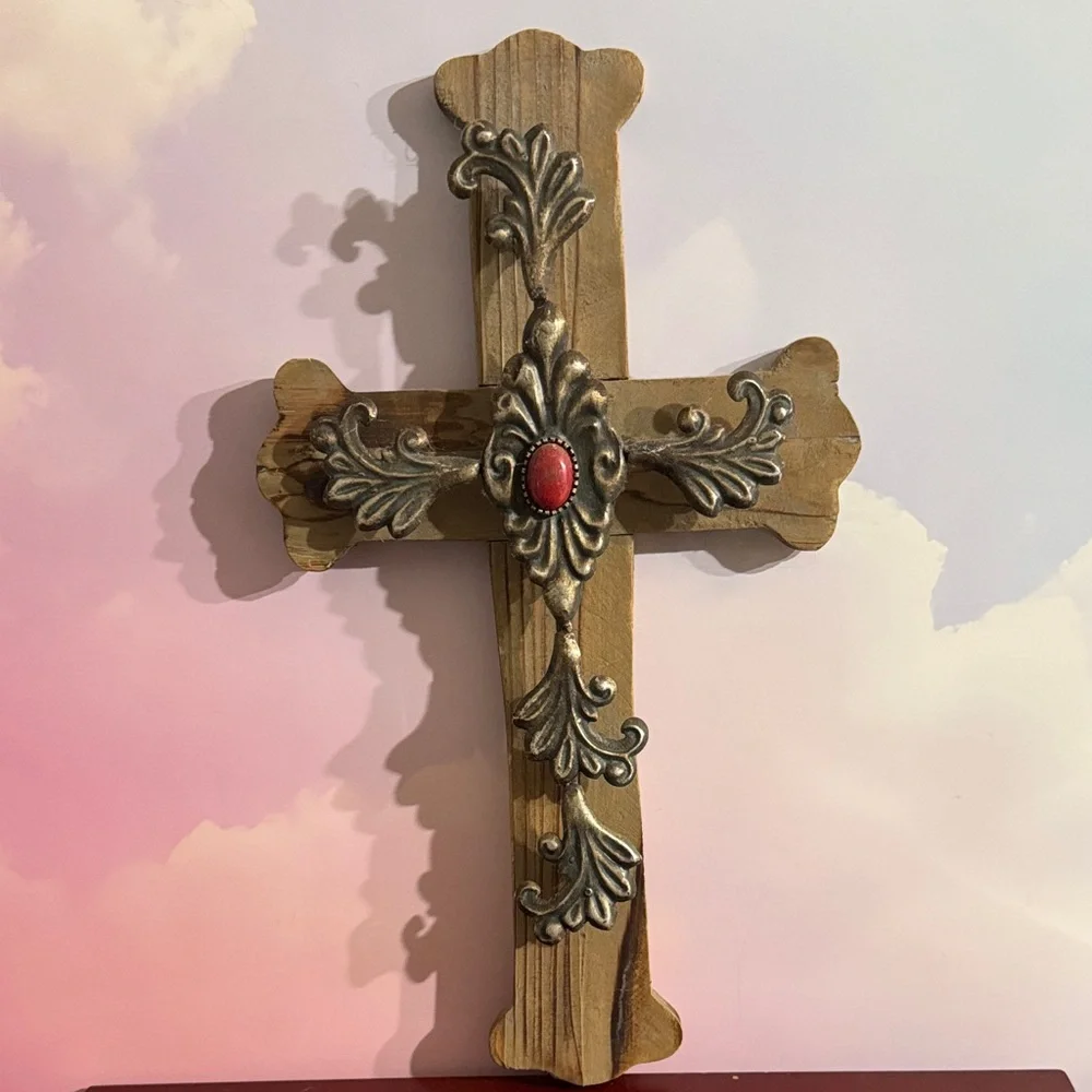 Rustic Wooden Cross with Golden Accents and Red Gem