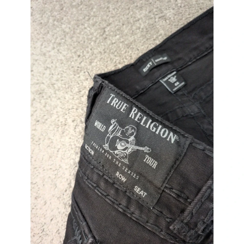 True Religion Ricky Relaxed Straight Black Jeans Mens 44 Thick Stitch Streetwear