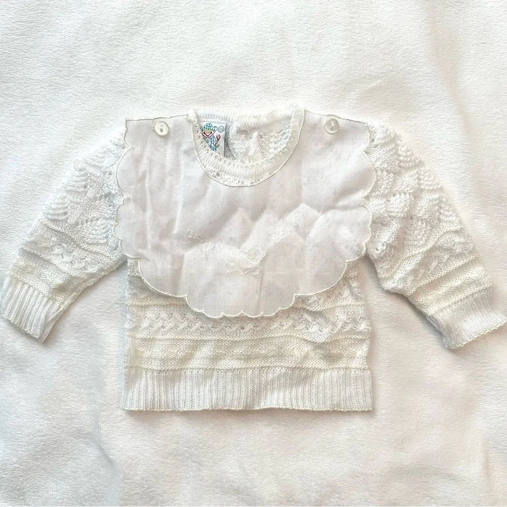 Vintage Rodes Ivory Knit Baby Bear Sweater 0-3M Scalloped Bib Buttonback Neutral