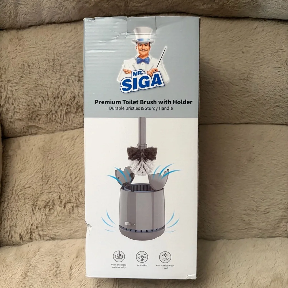 NIB Mr. Siga Premium Toilet Brush & Holder Gray | Auto Open/Close | Ventilated