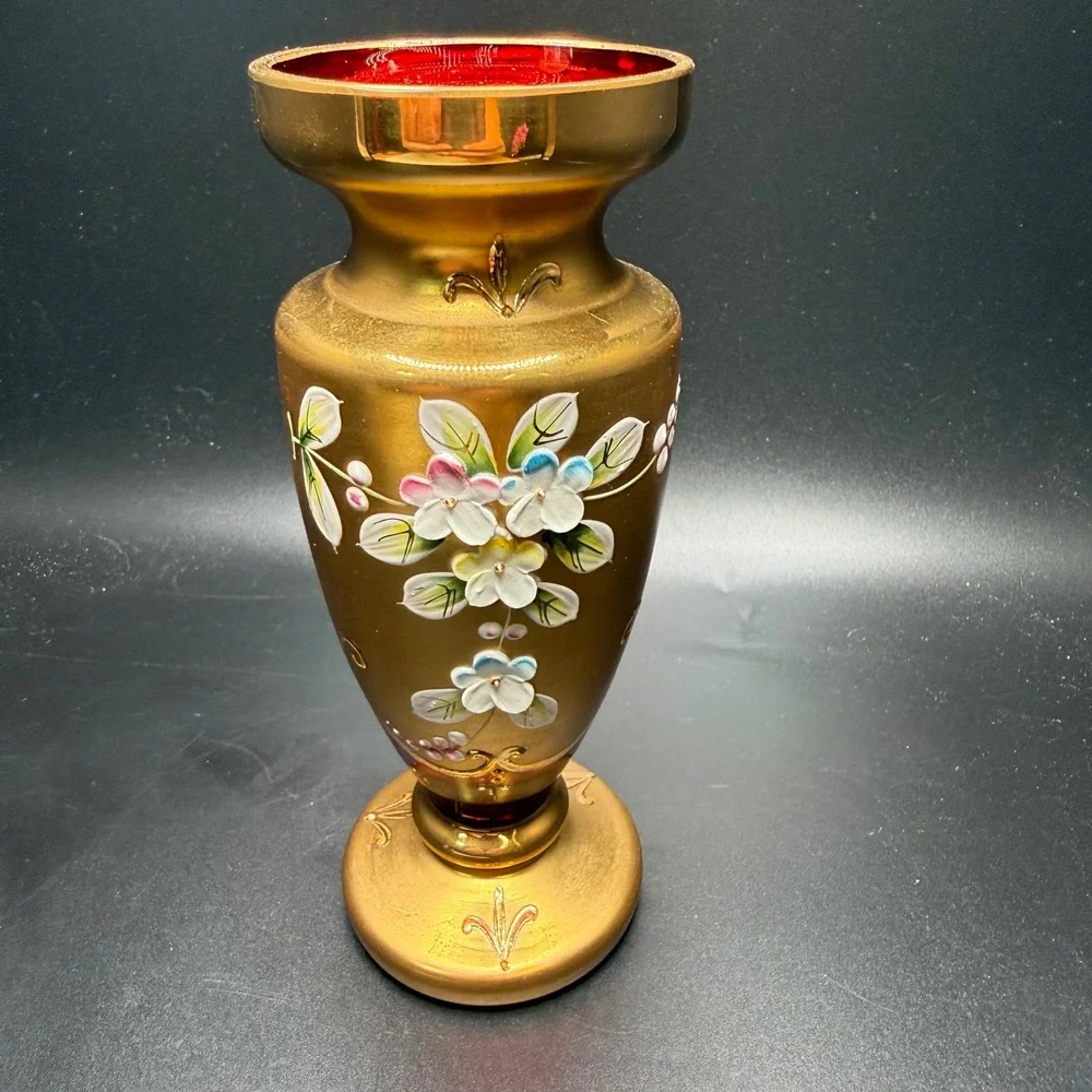 Bohemia Crystal Ruby Red Glass Vase Gold Hand Painted Floral 6.75in Czech