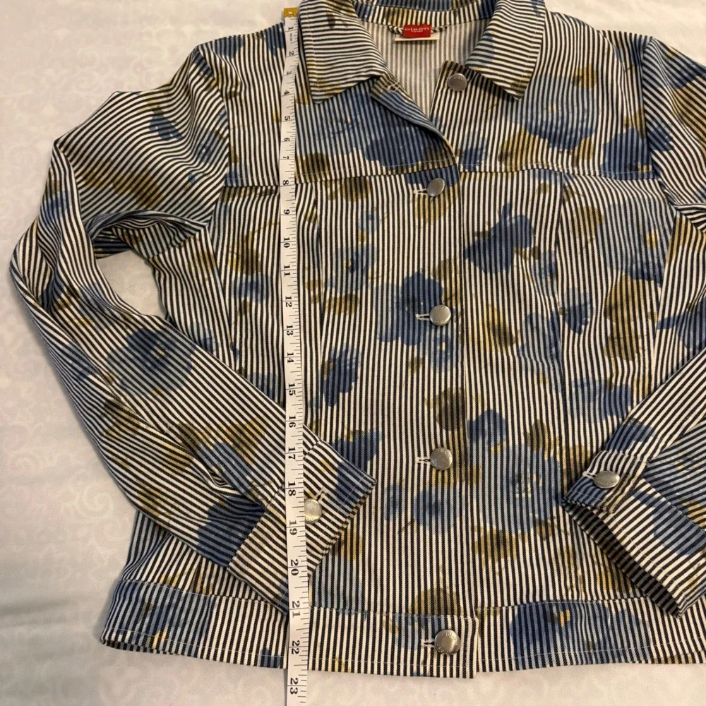 Olsen Europe Womens Blue White Pinstripe Floral Button Front Jacket US 8
