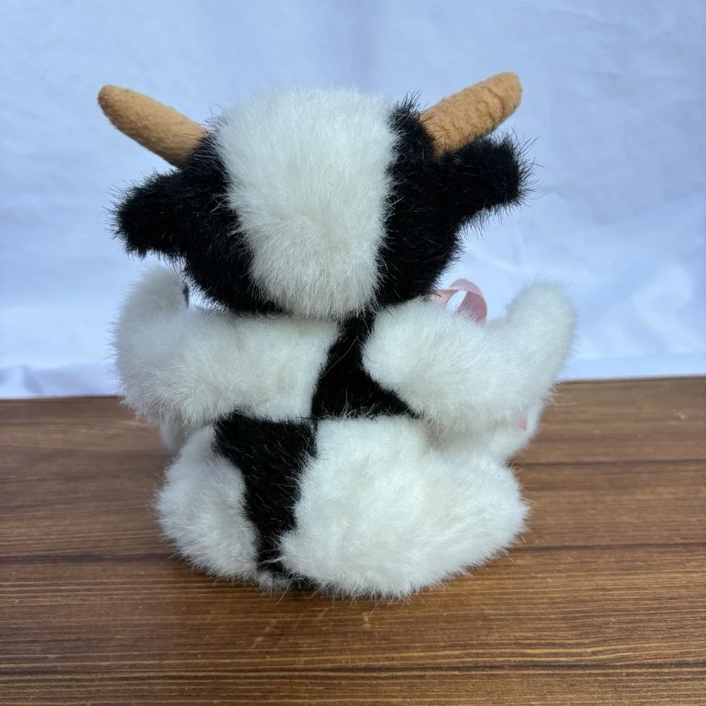 Vintage 1993 Mary Meyer Bean Bag Cow Plush Black White Pink Ribbon Stuffed