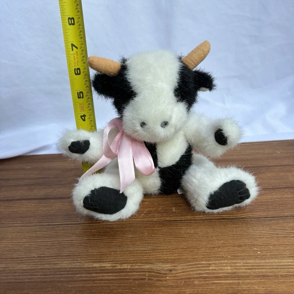 Vintage 1993 Mary Meyer Bean Bag Cow Plush Black White Pink Ribbon Stuffed