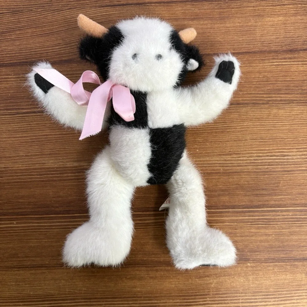 Vintage 1993 Mary Meyer Bean Bag Cow Plush Black White Pink Ribbon Stuffed